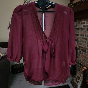 NWT Decree burgundy bow tie front sheer blouse sz small